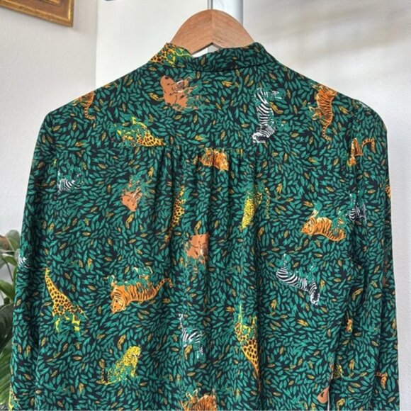 J. Crew Jungle Safari Print‎ Novelty Bow Top Blouse/Shirt Sz M Button down Green - Picture 8 of 11